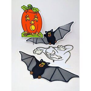 VTG 90s Halloween Yard Sign Lot Jack-O-Lantern Pumpkin, Bats & Glowing Ghost VGC